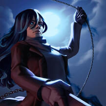 Crowfiire's main character, Shadra Tenebris, wielding a kusarigama, with the moon shining in the background. Art is by RileyFae.